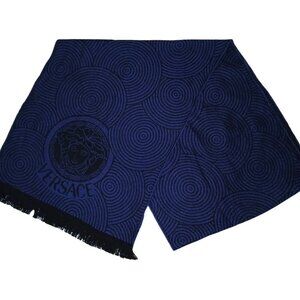 Versace Blue & Black Medusa Swirl Fringed Scarf Pre-Owned